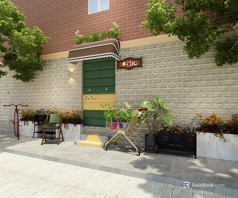 Mall Shop Entrance With Red Brick Wall Green Door Awning And Flower Decor 3d model 