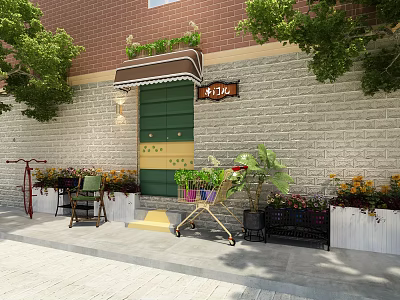 Mall Shop Entrance With Red Brick Wall Green Door Awning And Flower Decor 3d model