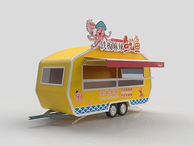 Yellow Mobile Food Truck With Cartoon Decorations Serving Window Awning For Street Food Service 3d model