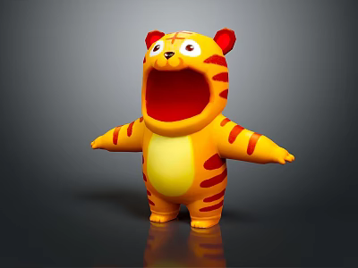 Cute Cartoon Tiger Game And Movie Character With Open Mouth Red Stripes And Yellow Body 3d model