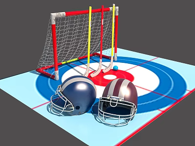 Interactive Zone With Hockey Net Goal Posts Blue Ice Rink And Football Helmets 3d model