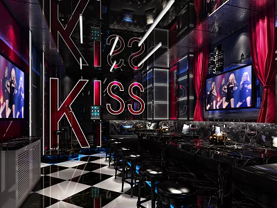 Modern KTV Lounge Interior With Neon Lights Red Curtains Large Screens And Checkered Floor 3d model