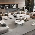 Modern Sofa and Coffee Table Set with Beige Upholstery Marble Top and Wooden Bookshelf