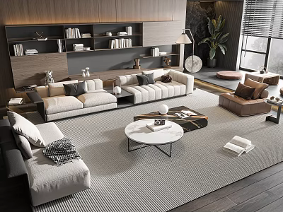 Modern Sofa and Coffee Table Set with Beige Upholstery Marble Top and Wooden Bookshelf 3d model