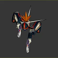 Humanoid Mechanical Character In Red Blue Armor With Horned Head Holding Small Creature And Sword