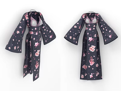 Elegant Black Robe With Pink Cherry Blossom Floral Print Bell Sleeves Design 3d model