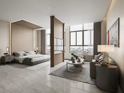 Modern Hotel Guest Room Featuring Bedroom Living Area Large Windows Sofa And Wooden Partition 3d model