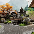 Serene Courtyard Garden Design With Maple Tree Rock Waterfall Stone Pathway And Greenery