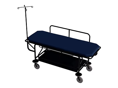 Medical Stretcher With Blue Mattress Metal Frame Wheels And IV Pole For Patient Transport 3d model