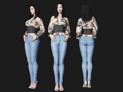 Woman in Three Views with Floral Printed Top Black Corset Blue Jeans and High Heels 3d model