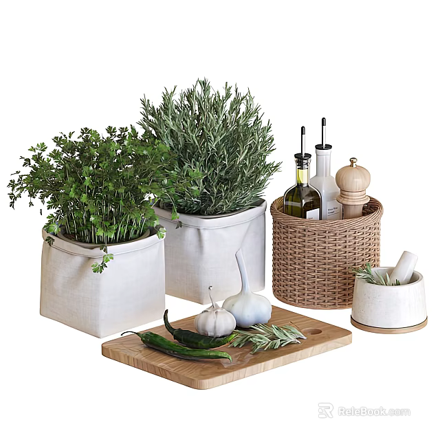 Kitchen Tools Featuring Fresh Herbs Cloth Pots Wicker Basket Olive Oil Cutting Board And Vegetables 3d model 