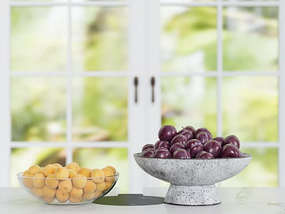 Yellow Purple Fruits In Glass Gray Textured Bowls On White Table With Window Background 3d model