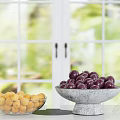 Yellow Purple Fruits In Glass Gray Textured Bowls On White Table With Window Background