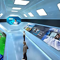 Futuristic Tech Corridor Featuring Screens On Both Sides Ceiling Lights And People Walking 3d model