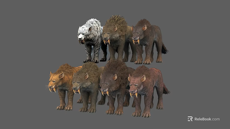 Group of Prehistoric Saber Toothed Animals with Diverse Colors and Distinct Fur Patterns 3d model 