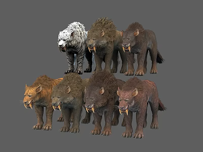 Group of Prehistoric Saber Toothed Animals with Diverse Colors and Distinct Fur Patterns 3d model