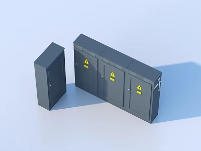 Gray Industrial Equipment Cabinets With Multiple Doors And Yellow Warning Signs 3d model