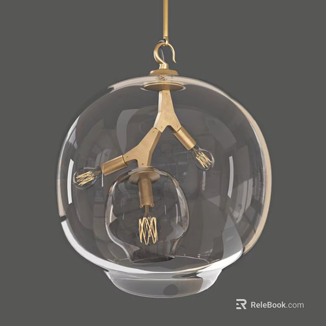 Modern Glass Globe Chandelier With Golden Metal Frame And Inner Filament Bulb For Contemporary Interiors 3d model 