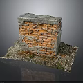 Vintage Weathered Brick Wall Model With Concrete Edges Mossy Base And Debris