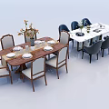 Wooden Rectangular And White Dining Table Chair Sets With Decorative Flowers And Tableware 3d model