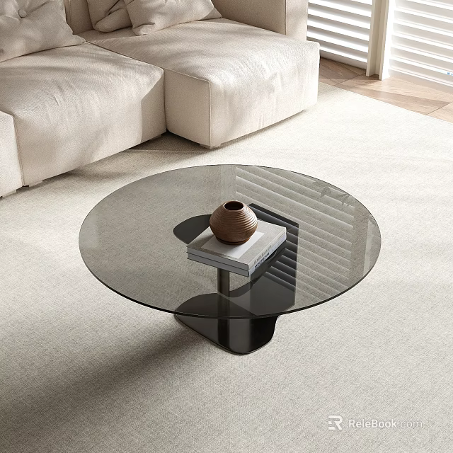 Round Glass Coffee Table Black Base With Vase Books On Light Carpet And Beige Sofa 3d model 