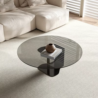 Round Glass Coffee Table Black Base With Vase Books On Light Carpet And Beige Sofa 3d model