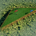 Outdoor Circular Green Lawn With Yellow Scaffolding Red Blue Arched Structures And People