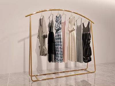Golden Metal Clothes Rack With Various Stylish Dresses For Modern Retail 3d model