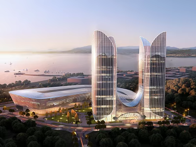Aerial Planning View Of Twin Curved Towers Green Areas Roads And Waterfront Design 3d model
