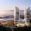 Aerial Planning View Of Twin Curved Towers Green Areas Roads And Waterfront Design
