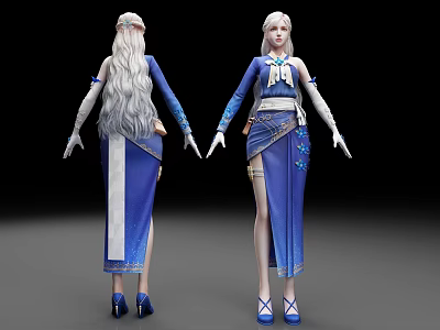 Woman Wearing Blue Traditional Dress With Long White Hair High Heels And Slit Design 3d model