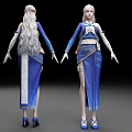 Woman Wearing Blue Traditional Dress With Long White Hair High Heels And Slit Design
