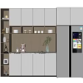 Modern White Sideboard With Open Shelves Built In Lighting And Refrigerator In Kitchen