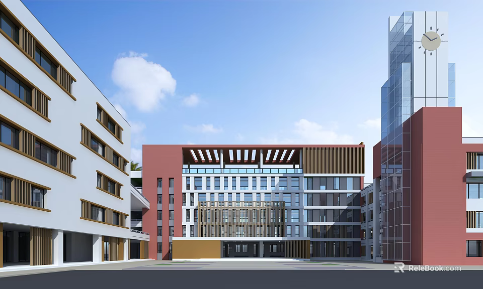Modern Multi Story School Building With Red White Facade Glass Curtain Wall And Open Courtyard 3d model 
