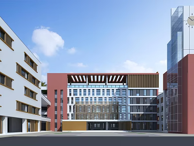 Modern Multi Story School Building With Red White Facade Glass Curtain Wall And Open Courtyard 3d model