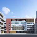 Modern Multi Story School Building With Red White Facade Glass Curtain Wall And Open Courtyard