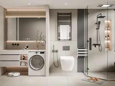 Modern Bathroom Interior With Vanity Mirror Washing Machine Wall Mounted Toilet And Glass Shower 3d model