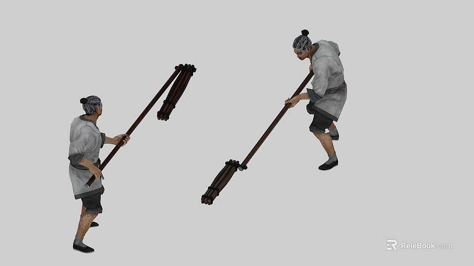 Men Carrying Loads With Long Poles In Traditional Clothing And Tied Hair 3d model 