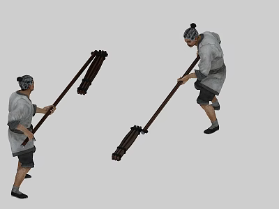 Men Carrying Loads With Long Poles In Traditional Clothing And Tied Hair 3d model