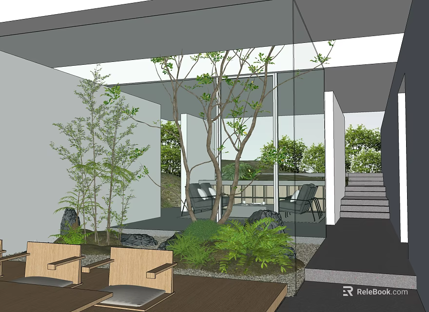 Modern Indoor Outdoor Garden Landscape with Glass Wall Trees Greenery And Wooden Seats 3d model 
