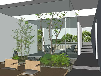 Modern Indoor Outdoor Garden Landscape with Glass Wall Trees Greenery And Wooden Seats 3d model