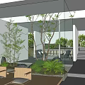 Modern Indoor Outdoor Garden Landscape with Glass Wall Trees Greenery And Wooden Seats