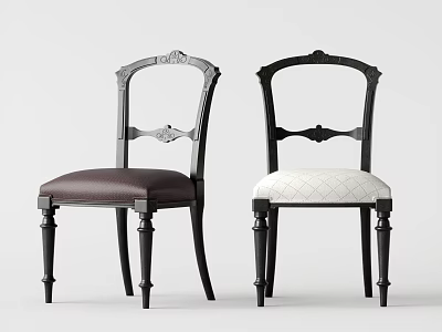 Classic Dining Chairs With Carved Backrest Upholstered Brown White Seats And Black Wooden Legs 3d model