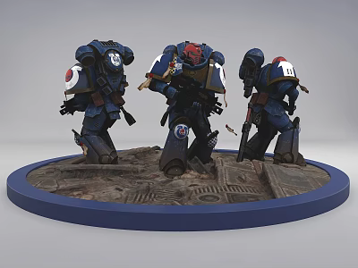 Intelligent Machines Warrior Models In Blue Armor With Textured Base And Equipment 3d model