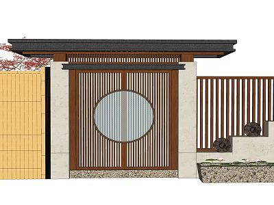 Japanese Traditional Entrance Gate With Wooden Lattice Door Circular Glass Window And Stone Wall 3d model