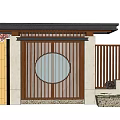 Japanese Traditional Entrance Gate With Wooden Lattice Door Circular Glass Window And Stone Wall