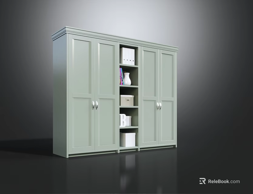 Light Green Wardrobe With Double Doors And Open Shelves Featuring Boxes Vase And Books 3d model 