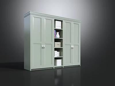 Light Green Wardrobe With Double Doors And Open Shelves Featuring Boxes Vase And Books 3d model
