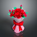 Bouquet of Red Roses with Green Leaves in Pink Polka Dot Vase and Red Bow