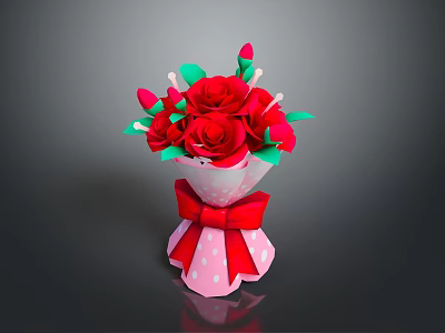 Bouquet of Red Roses with Green Leaves in Pink Polka Dot Vase and Red Bow 3d model